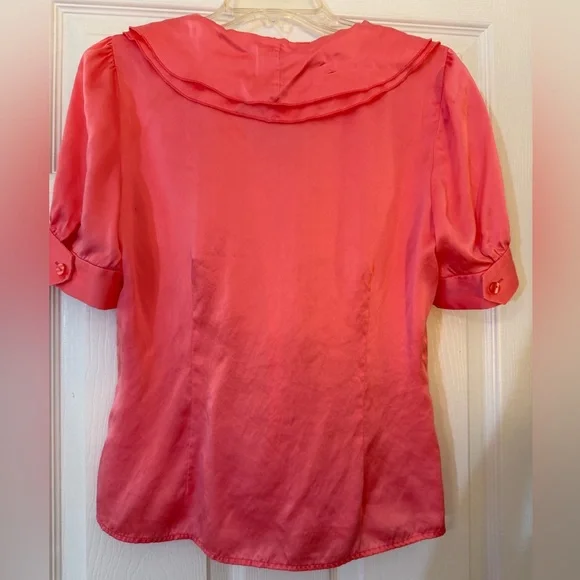 Silk Blouse Short Sleeve coral pink size 8 ruffles v-neck - Picture 3 of 9
